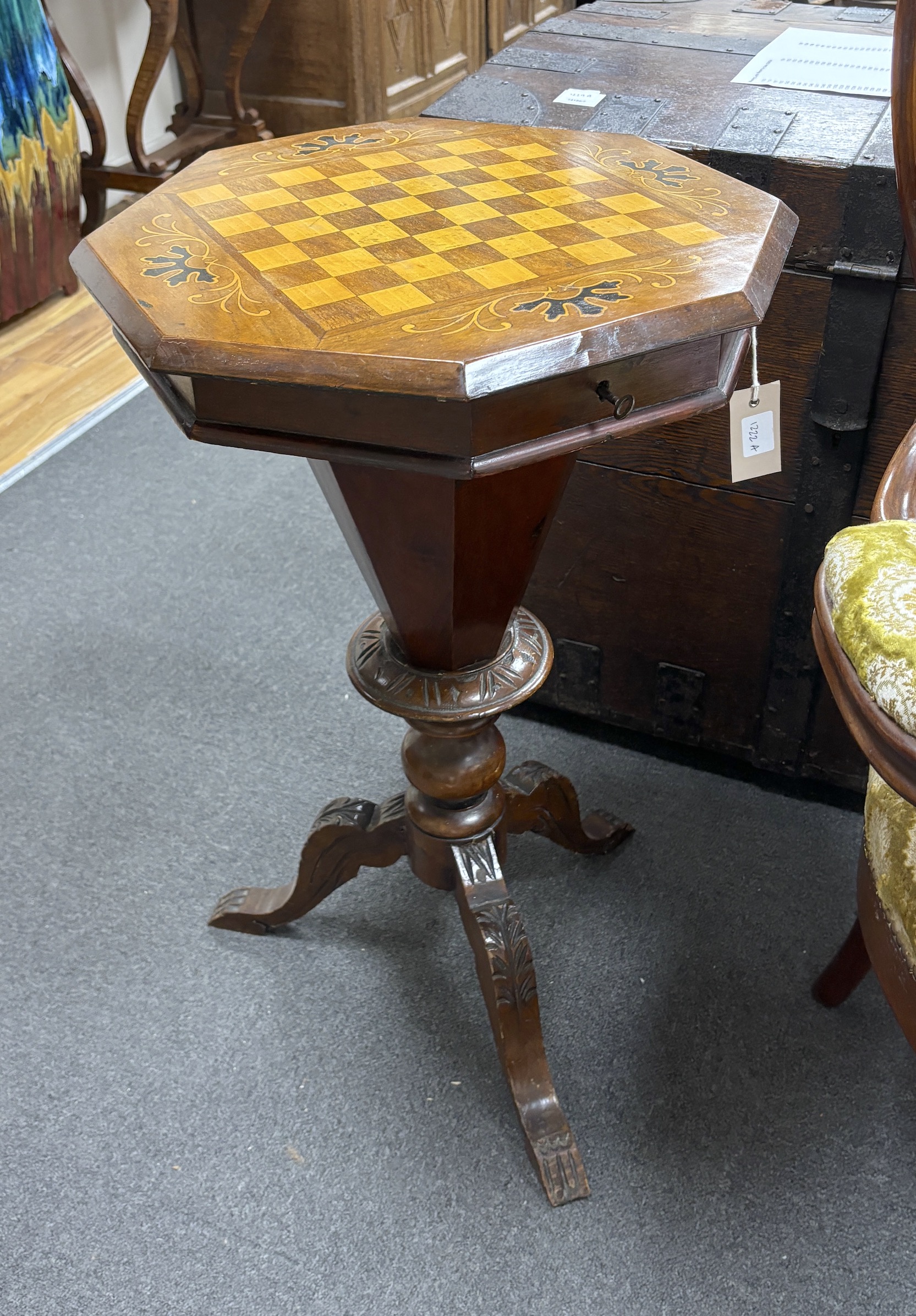 A Victorian octagonal inlaid walnut games / work table, width 45cm, height 73cm